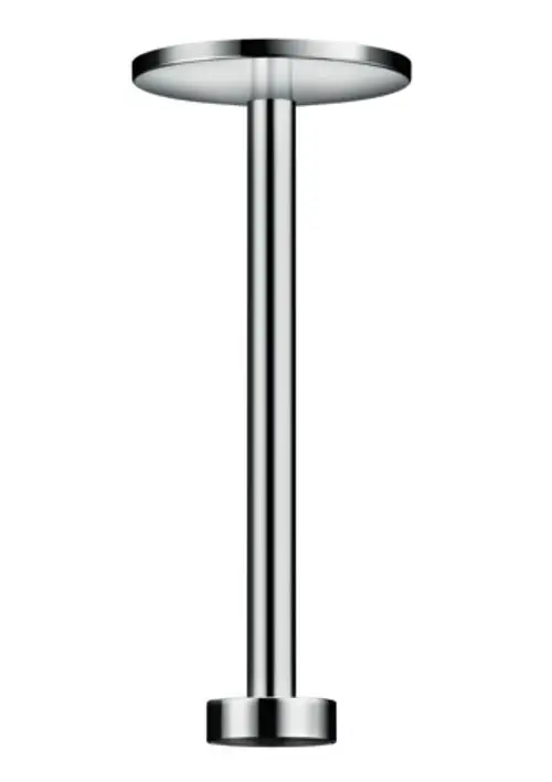Kreisförmiger, metallischer Deckenanschluss mit senkrechtem Rohr, hergestellt von AXOR. Geeignet zur Montage von Kopfbrausen. Simple, funktionale Form ohne zusätzliche Verzierungen.